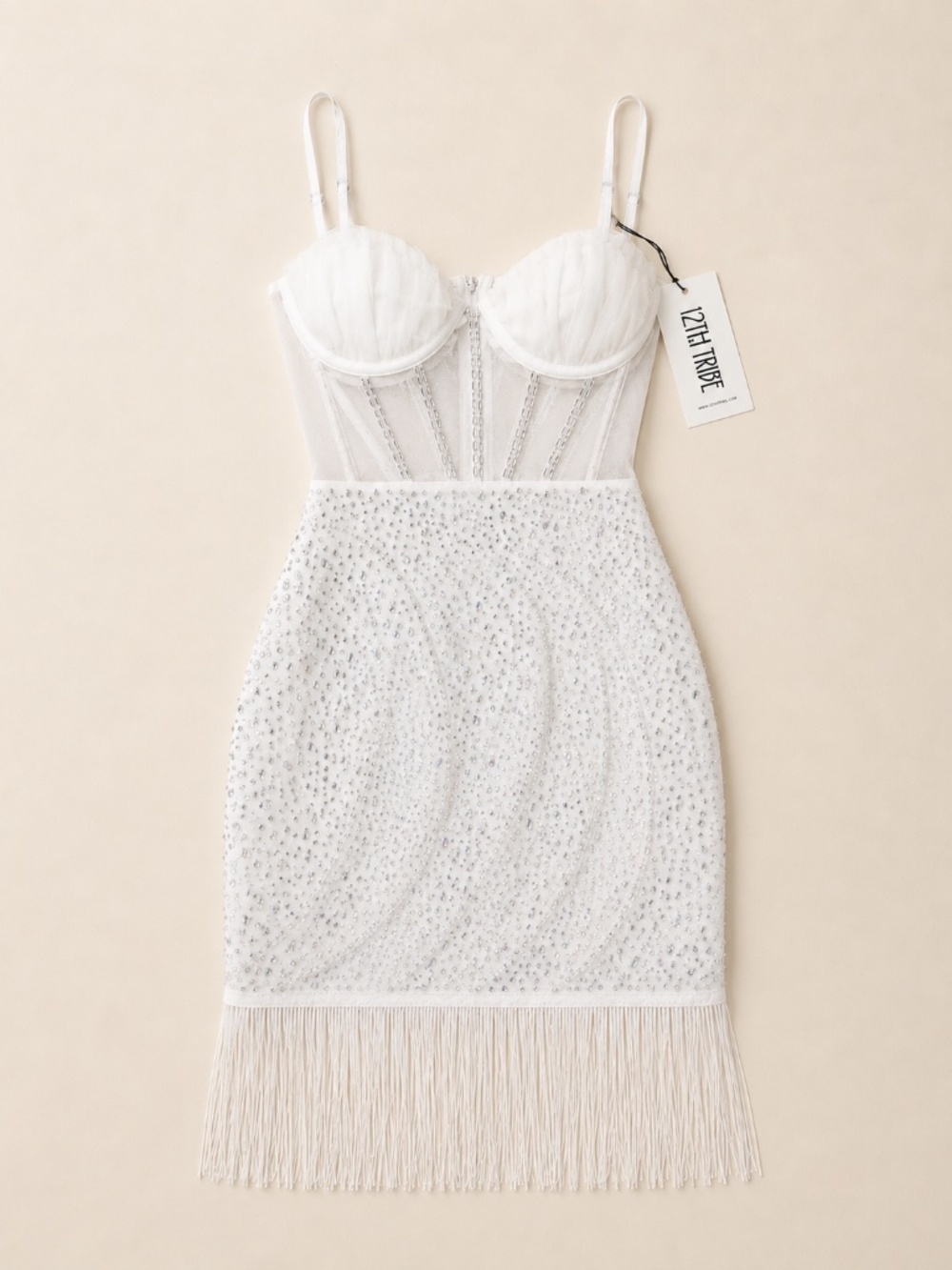 12th Tribe White Rhinestone Fringe Corset Mini Dress – Size S – NWT